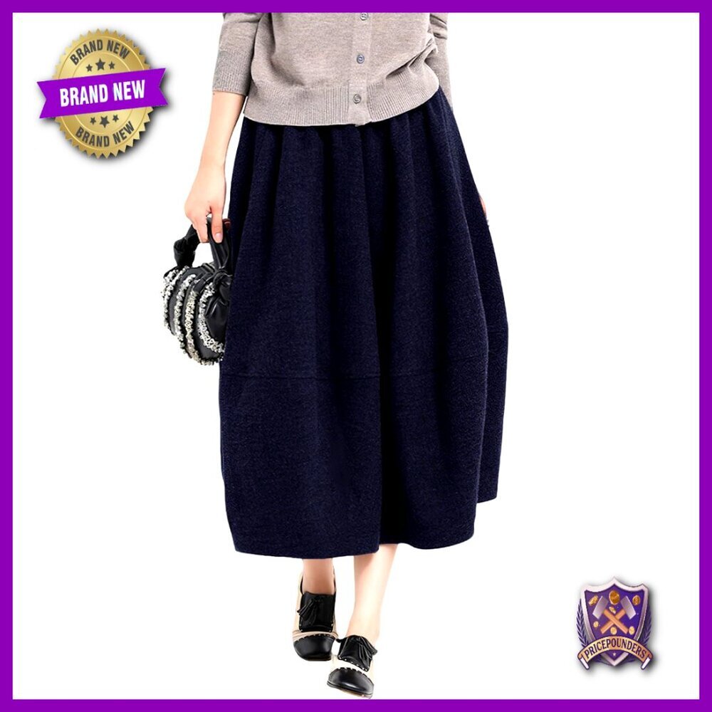 Wool Blend Midi Skirt with Elastic Waist and Pockets, A-Line Flowy Fit